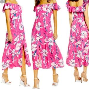 LEITH pink Hawaiian print maxi. Off the shoulder.